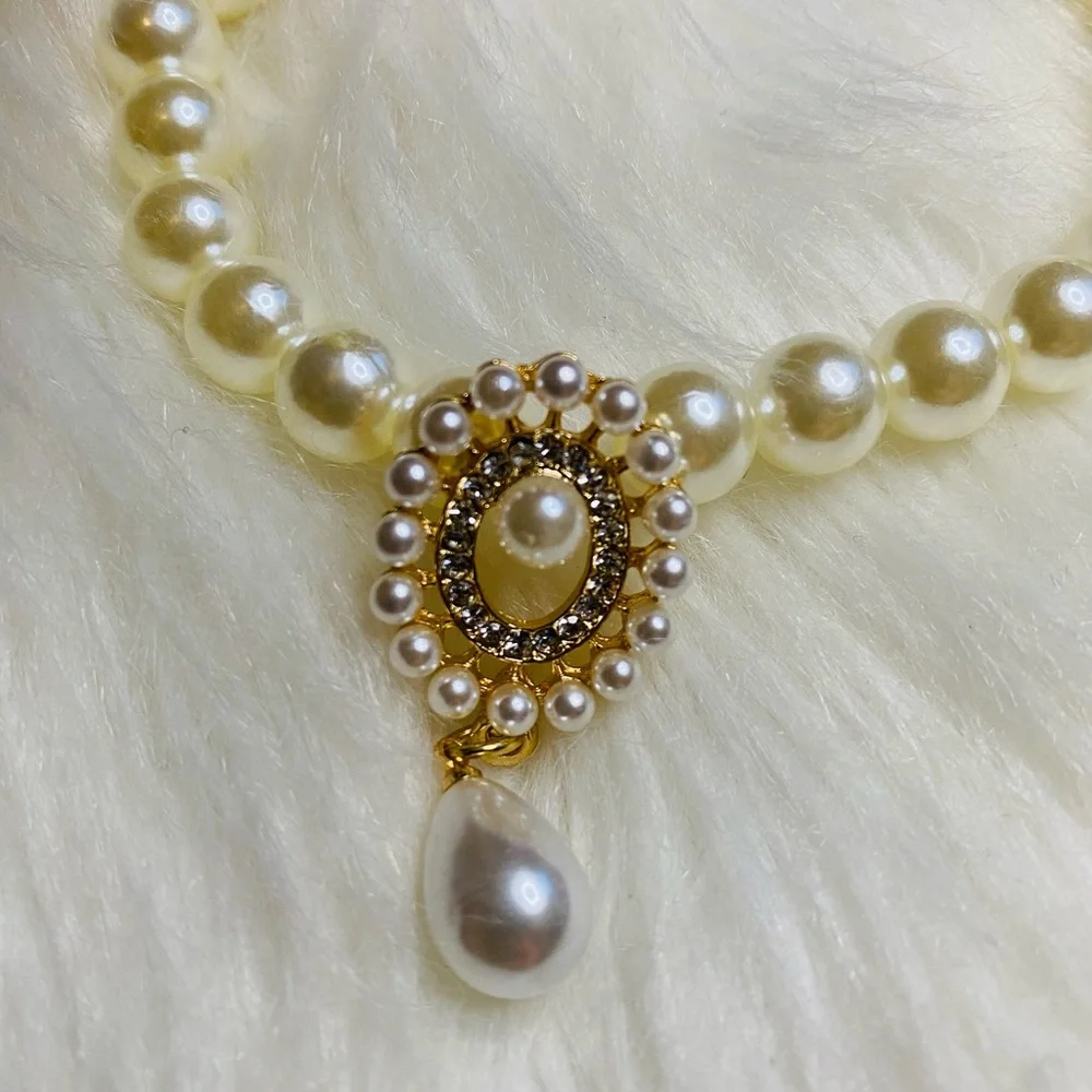 Cute Pet Dog Cat Pearl Collar Fancy Crystal Jewellery Dogs Necklace Size M